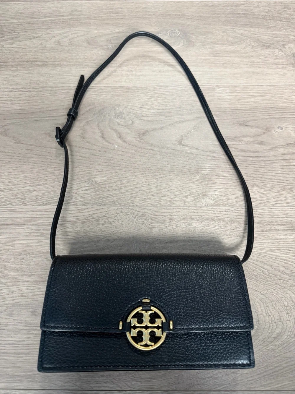 Tory Burch Black Pebbled Leather Crossbody with Gold Logo